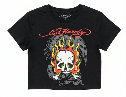Ed Hardy Skull Graphic Cropped Tee Black Size M
