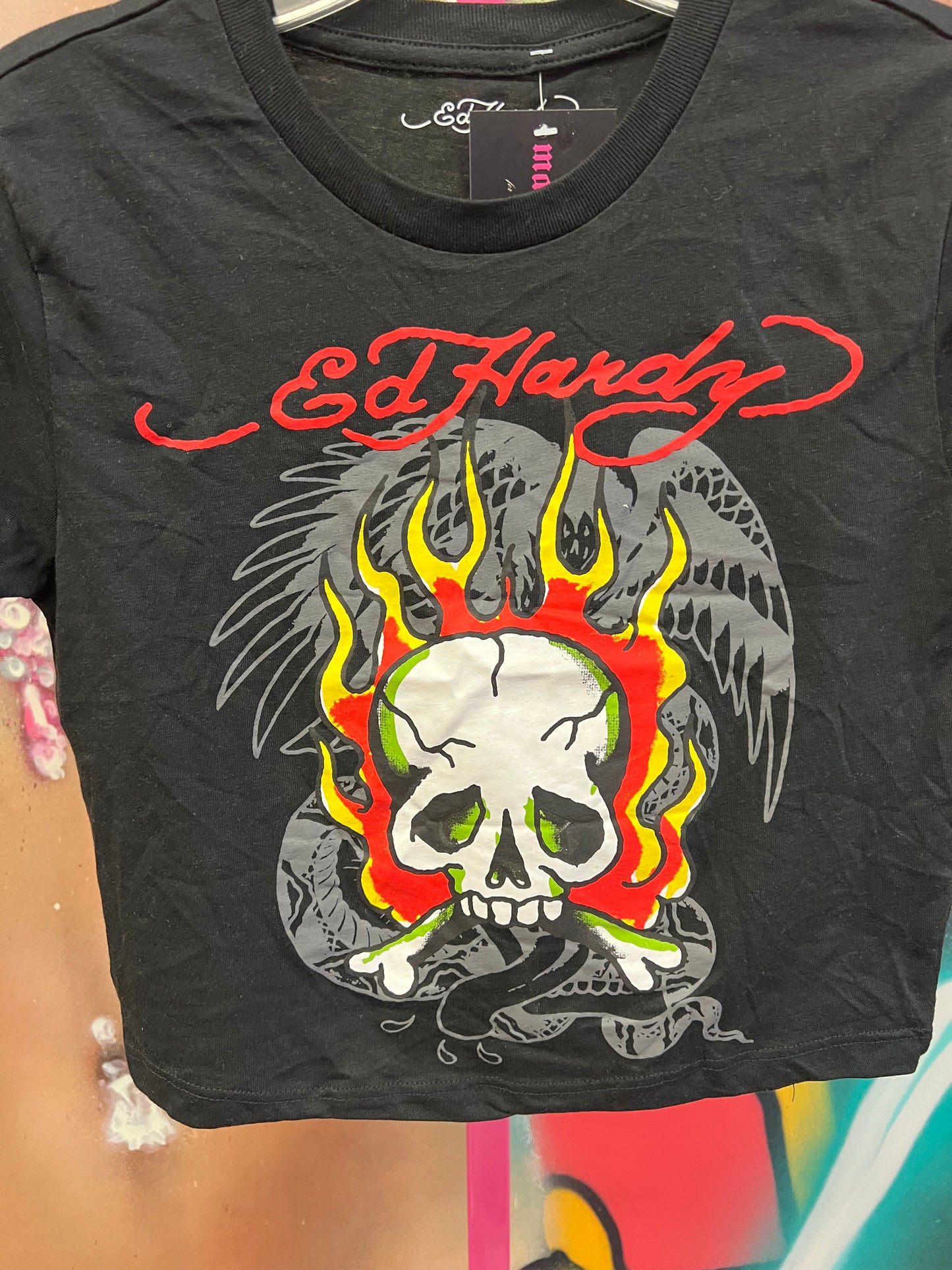 Ed Hardy Skull Graphic Cropped Tee Black Size M