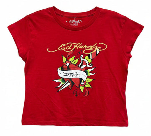 Y2K Style Ed Hardy Cropped Graphic Tee Red Size XL