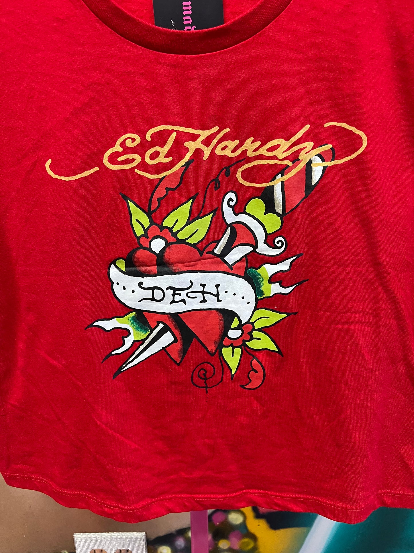 Y2K Style Ed Hardy Cropped Graphic Tee Red Size XL