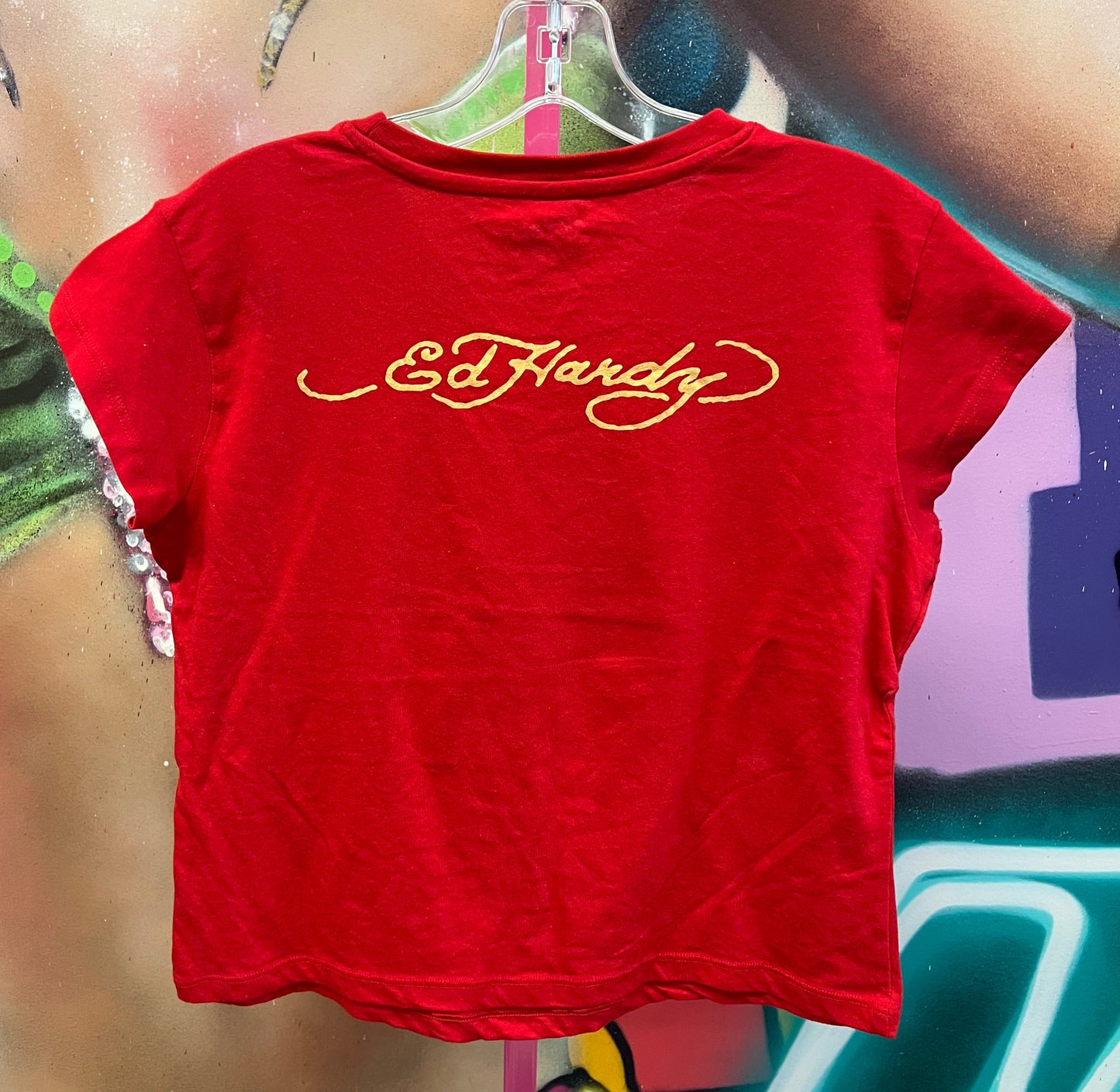 Y2K Style Ed Hardy Cropped Graphic Tee Red Size XL