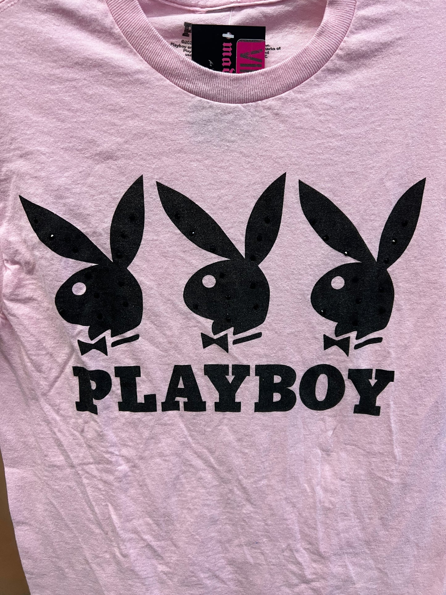 Y2K Style Playboy Rhinestone Baby Tee Pink Size S