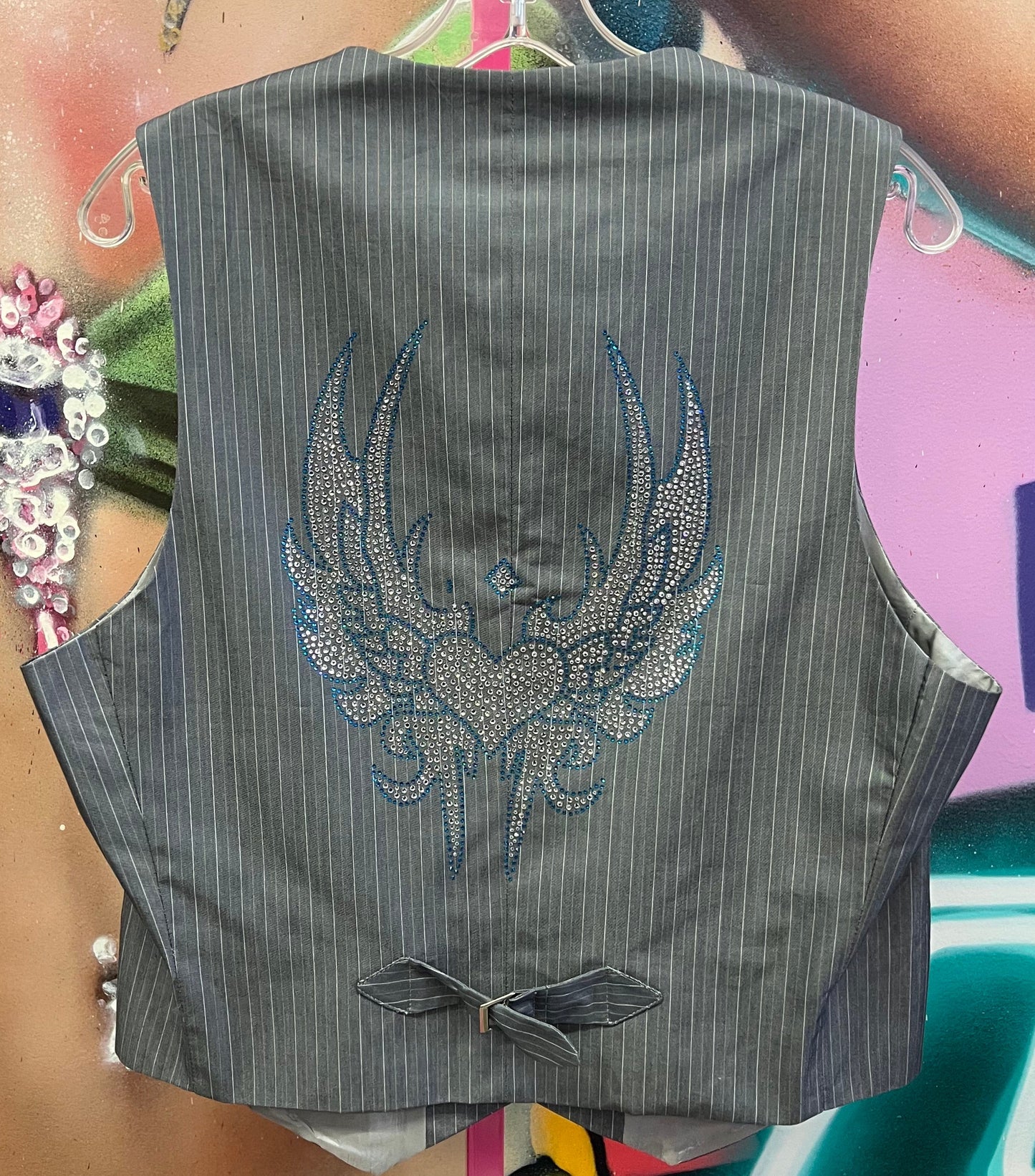 Upcycled Rhinestone Bling Wing Pinstripe Vest Women’s XL