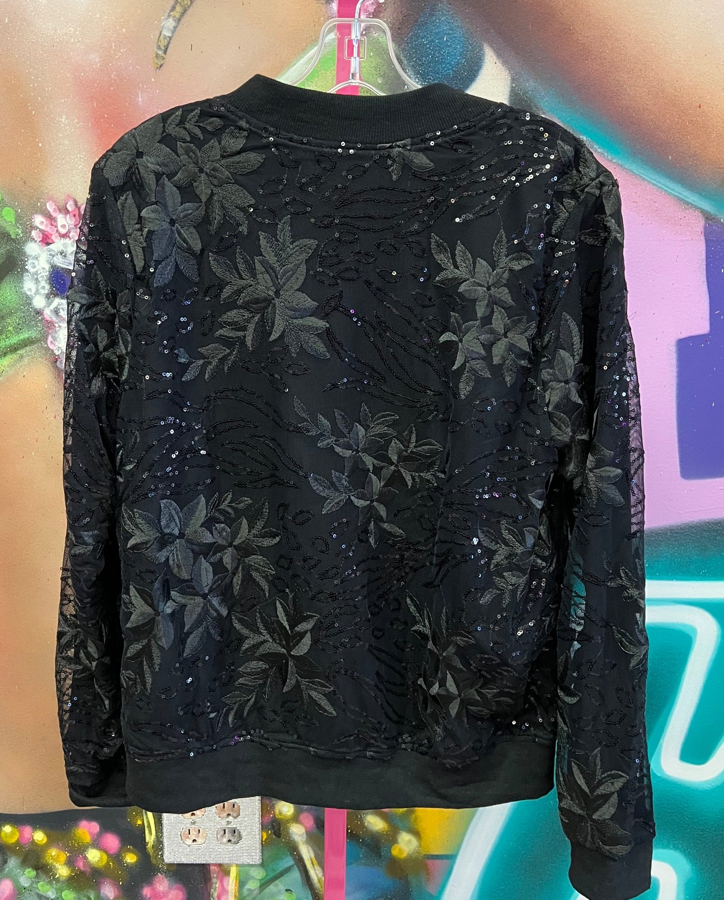 Simply Styled Black Sequin Floral Bomber Jacket Women’s M