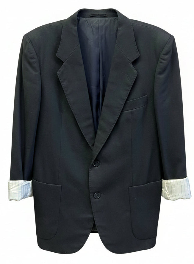 Upcycled Oversized Black Wool Blazer with Rhinestone Skull Wings Back Graphic Made in Italy