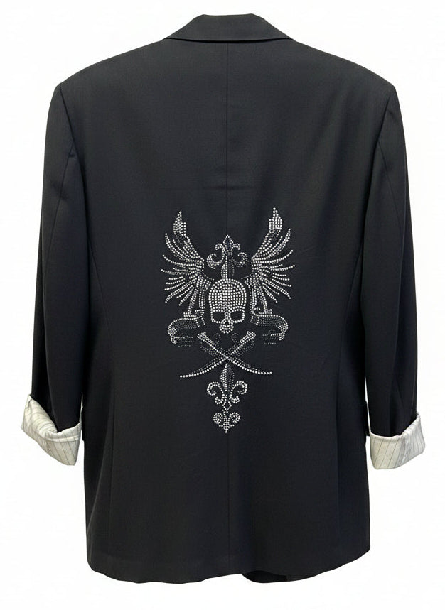 Upcycled Oversized Black Wool Blazer with Rhinestone Skull Wings Back Graphic Made in Italy