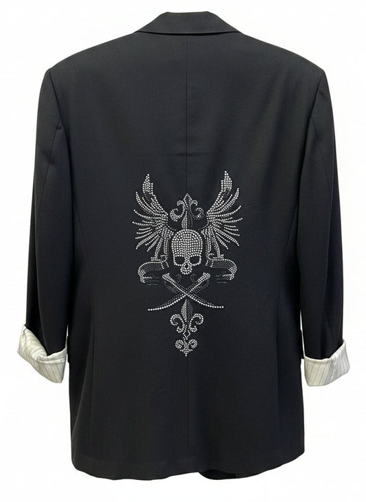 Upcycled Oversized Black Wool Blazer with Rhinestone Skull Wings Back Graphic Made in Italy