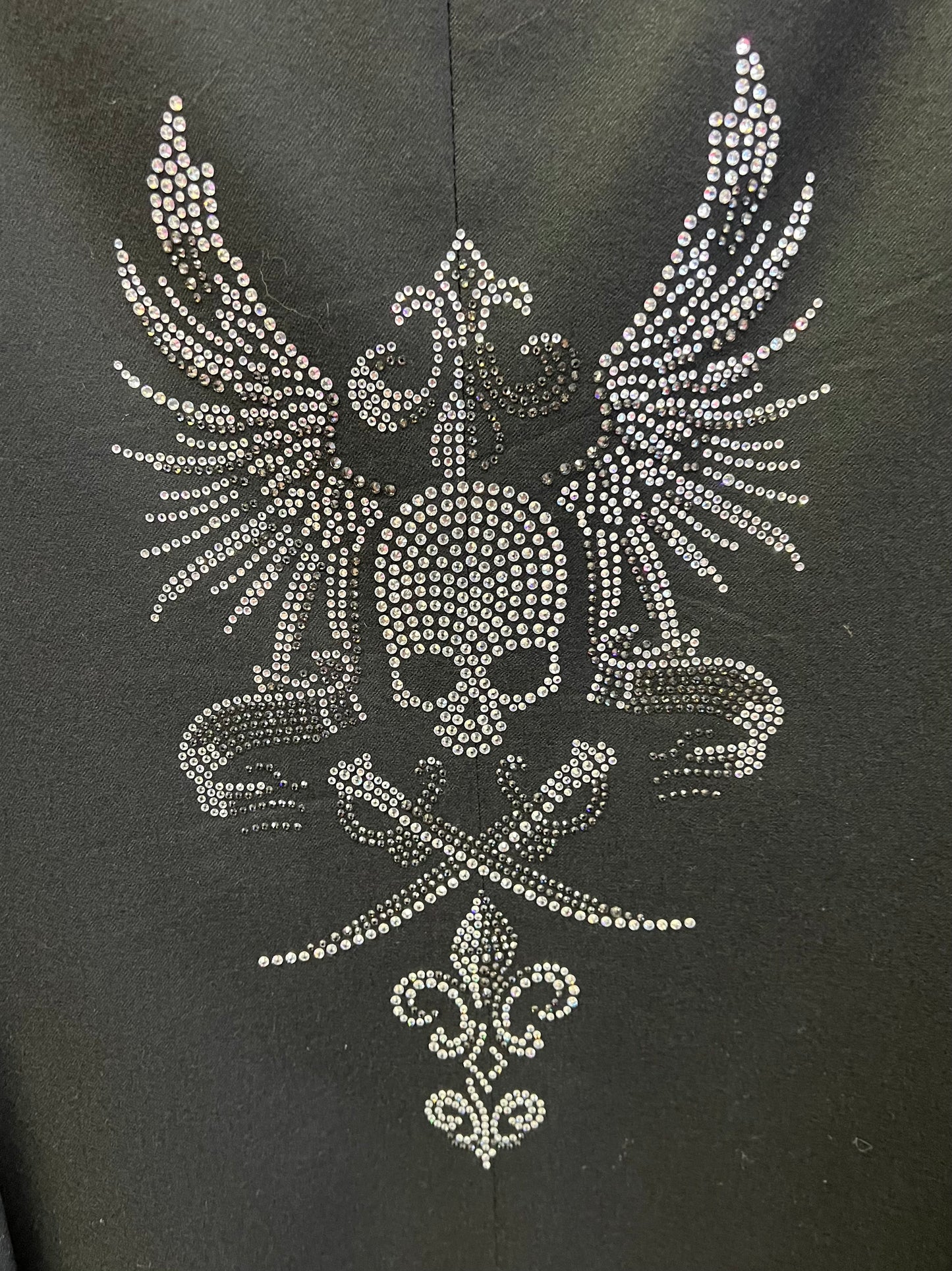 Upcycled Oversized Black Wool Blazer with Rhinestone Skull Wings Back Graphic Made in Italy