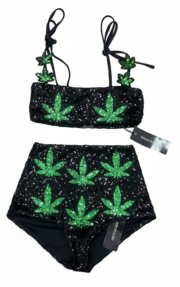 NWT Black Sequin Festival Set with Green Leaf Detail 2 Piece Coachella Rave Outfit