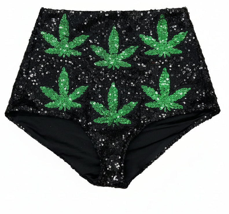 NWT Black Sequin Festival Set with Green Leaf Detail 2 Piece Coachella Rave Outfit