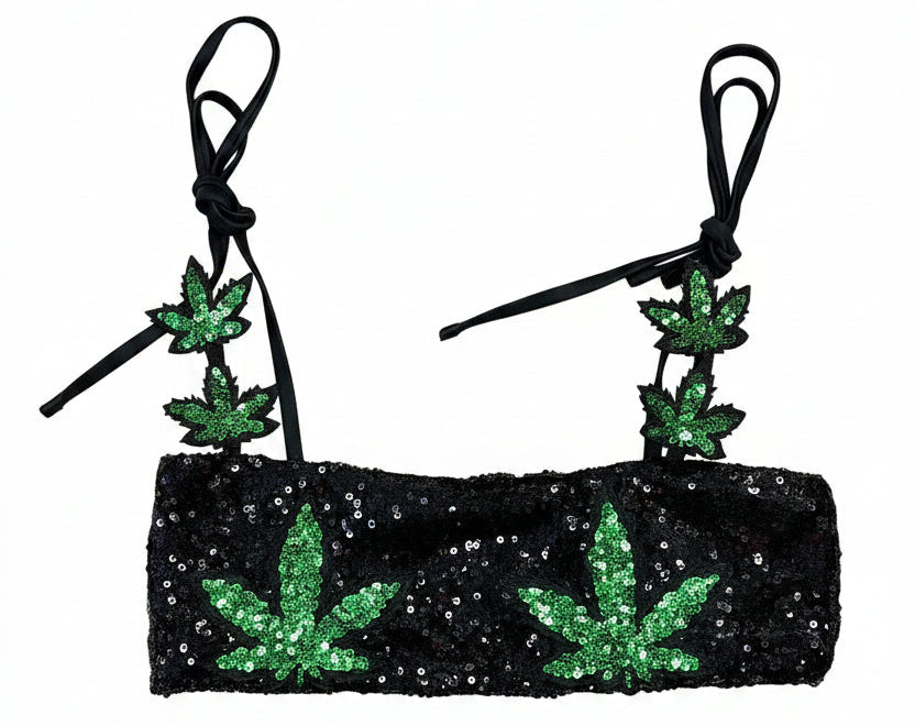 NWT Black Sequin Festival Set with Green Leaf Detail 2 Piece Coachella Rave Outfit