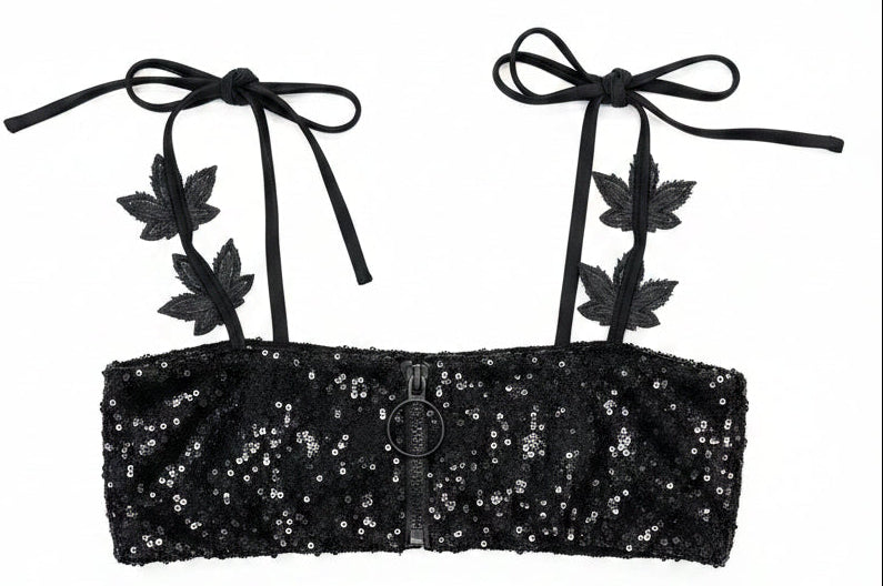 NWT Black Sequin Festival Set with Green Leaf Detail 2 Piece Coachella Rave Outfit