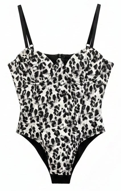 NWT PrettyLittleThing Grey Leopard Faux Leather V Wire Bodysuit Size US 8