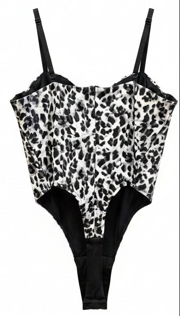 NWT PrettyLittleThing Grey Leopard Faux Leather V Wire Bodysuit Size US 8