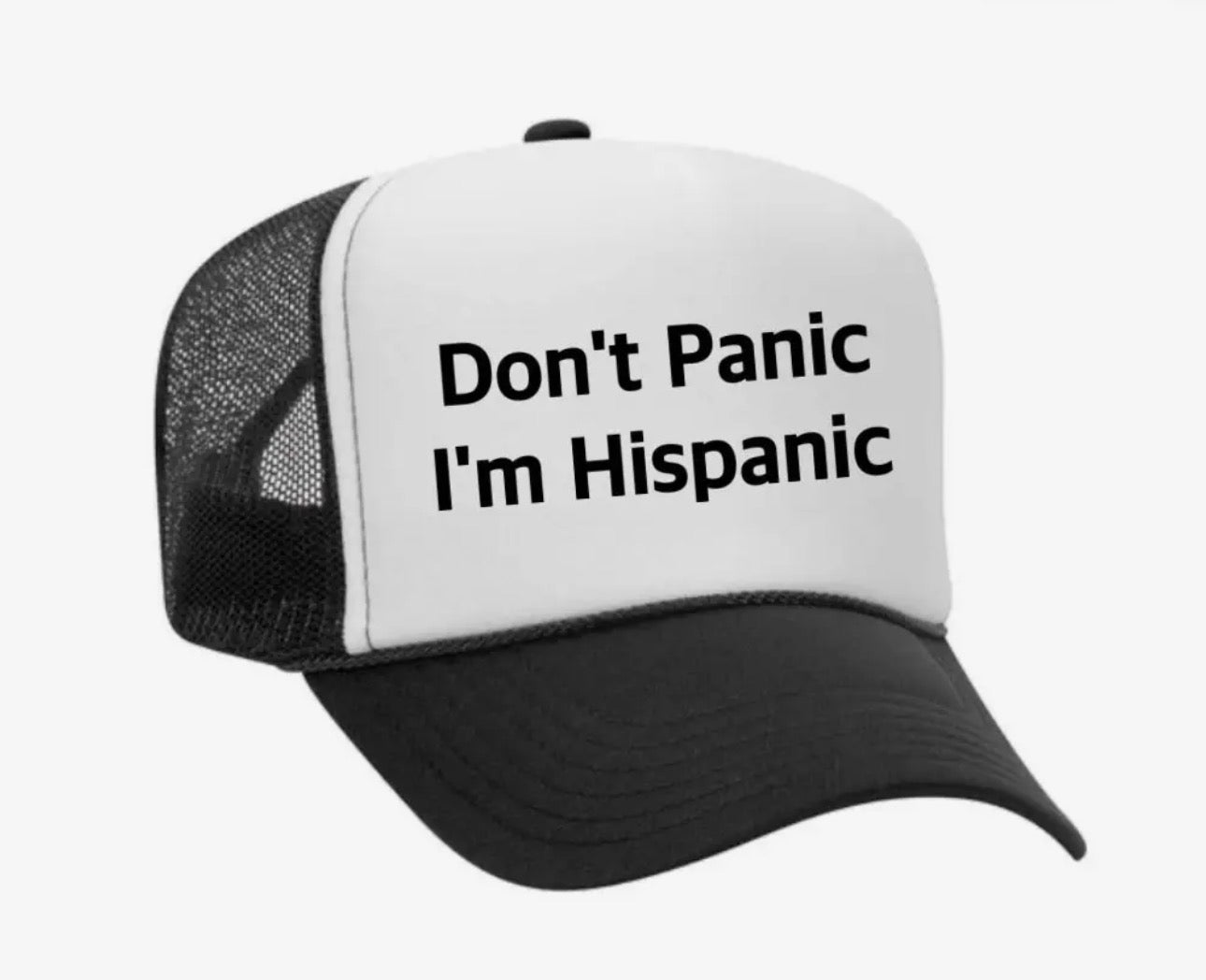 Y2K McBling “Don’t Panic I’m Hispanic” Trucker Hat – Black White Snapback