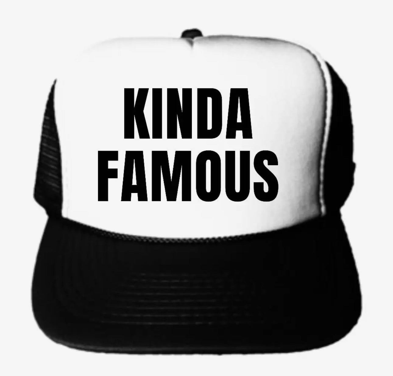Y2K McBling “Kinda Famous” Trucker Hat – Black White Snapback