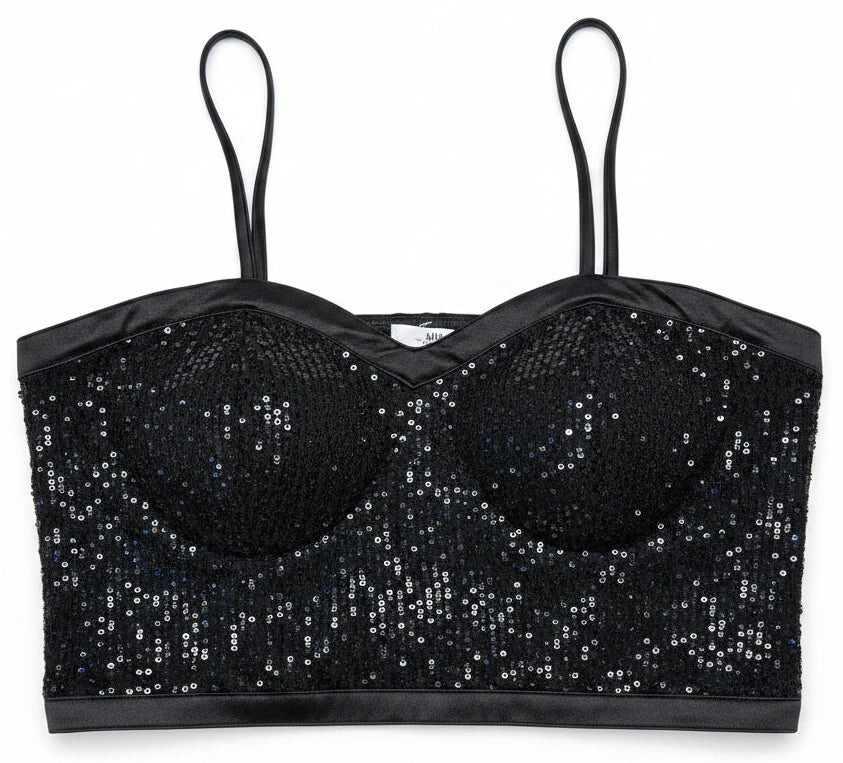 Madden NYC Black Sequin Bustier Crop Top XL Y2K Party Clubwear