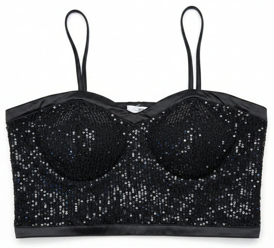 Madden NYC Black Sequin Bustier Crop Top XL Y2K Party Clubwear