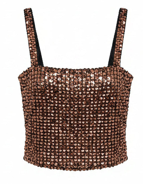 Vintage Y2K Bronze Sequin Stretch Crop Top Cami Small Clubwear