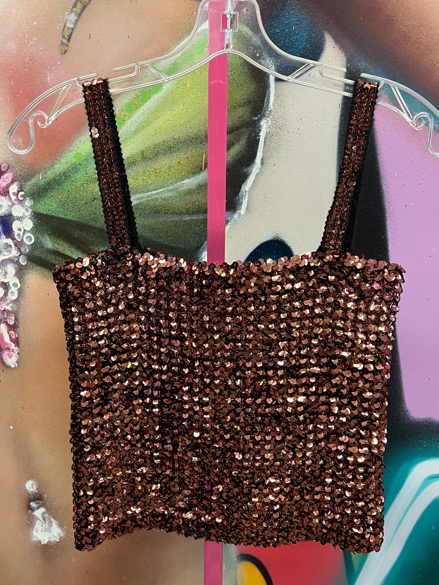 Vintage Y2K Bronze Sequin Stretch Crop Top Cami Small Clubwear