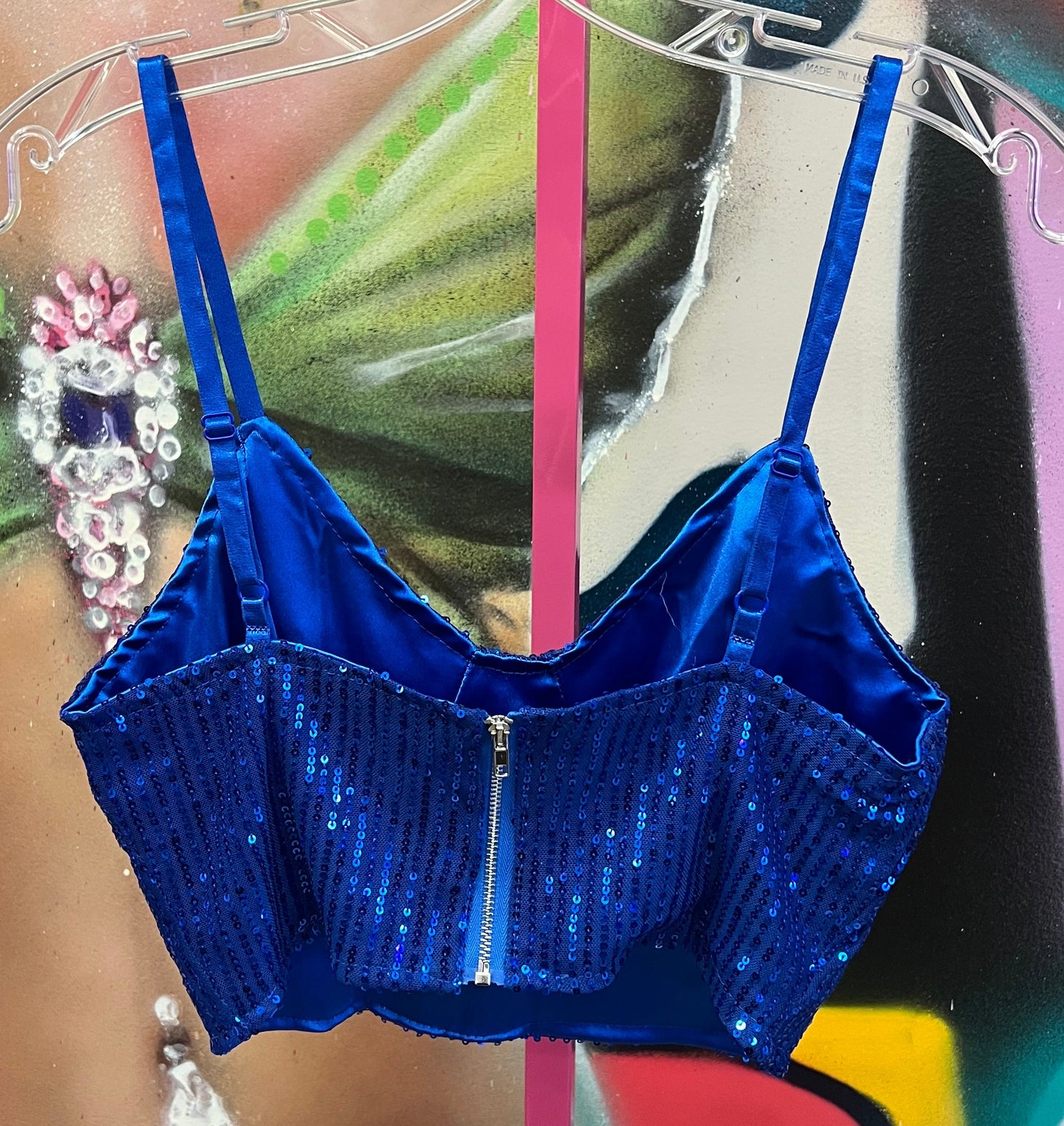 Vintage Y2K Royal Blue Sequin Bustier Crop Top Small Party Clubwear