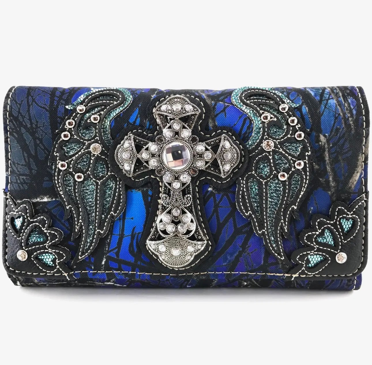 McBling Camo Rhinestone Cross Angel Wings Crossbody Wallet Bag Convertible Wristlet