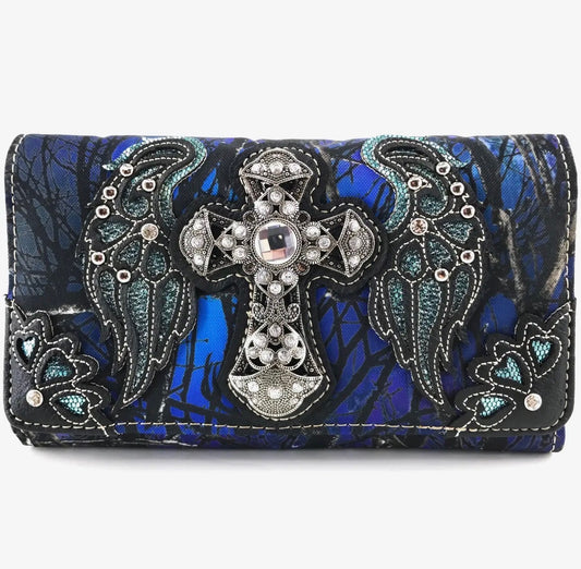 McBling Camo Rhinestone Cross Angel Wings Crossbody Wallet Bag Convertible Wristlet