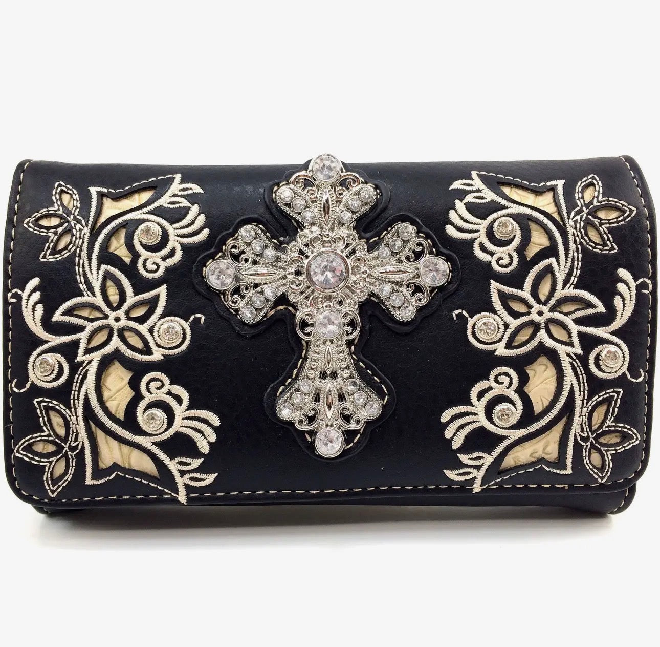 McBling Rhinestone Cross Floral Embroidered Crossbody Wallet Bag Convertible Wristlet