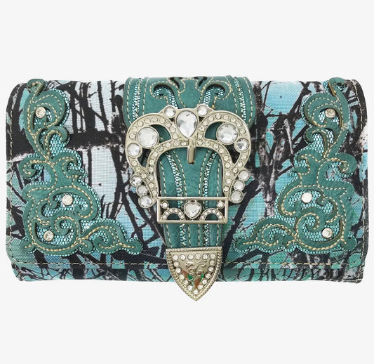 Y2K McBling Rhinestone Buckle Camouflage Crossbody Wallet – Mint Teal