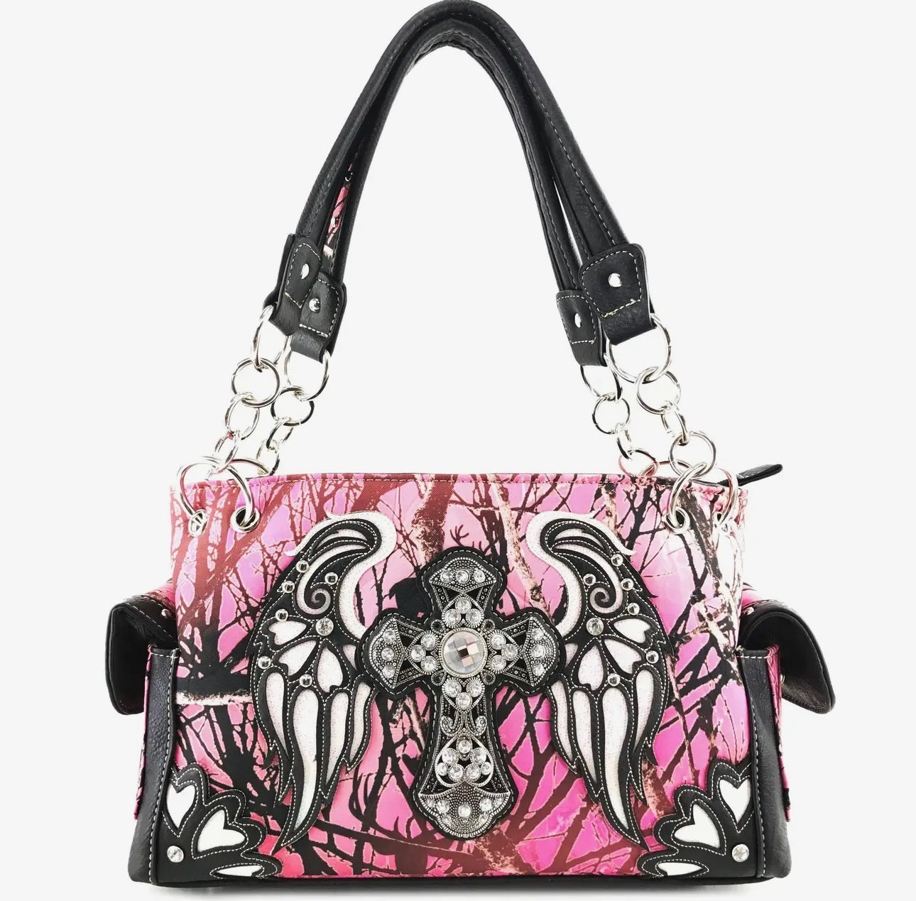 Y2K McBling Rhinestone Cross Angel Wings Camouflage Handbag – Pink