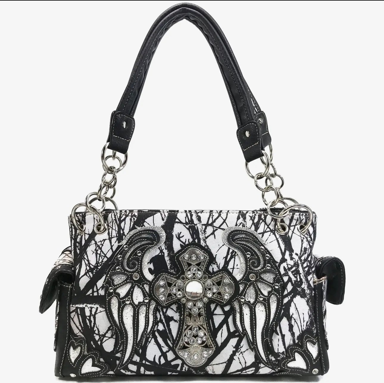 Y2K McBling Cross Angel Wings Camouflage Handbag – White Grey Black