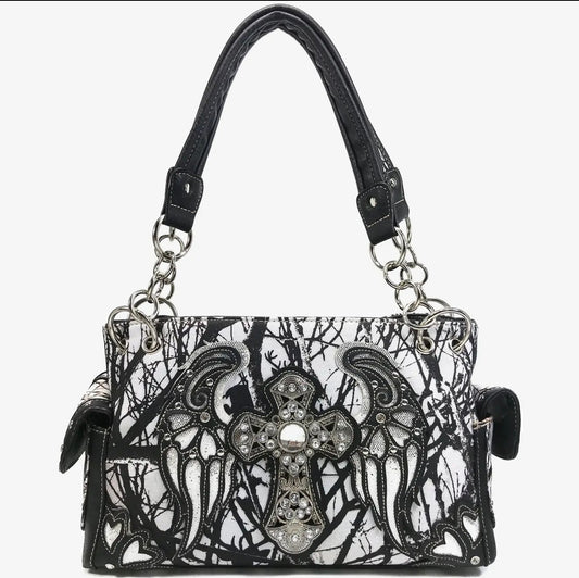 Y2K McBling Cross Angel Wings Camouflage Handbag – White Grey Black