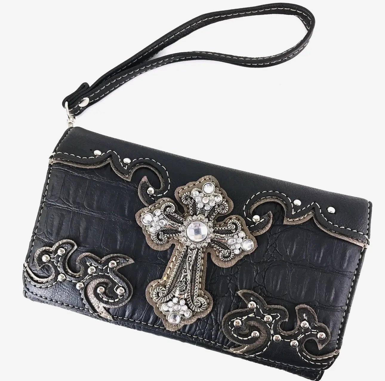 Y2K McBling Croc PU Leather Rhinestone Cross Crossbody Wallet – Black