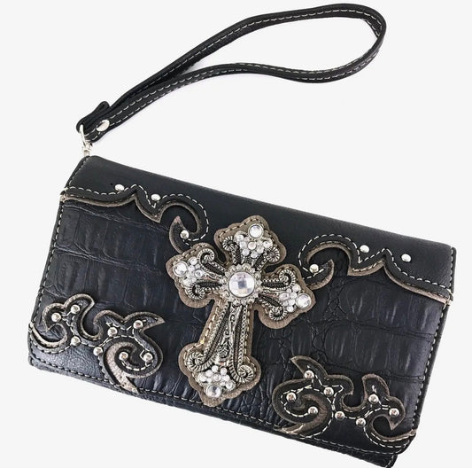Y2K McBling Croc PU Leather Rhinestone Cross Crossbody Wallet – Black