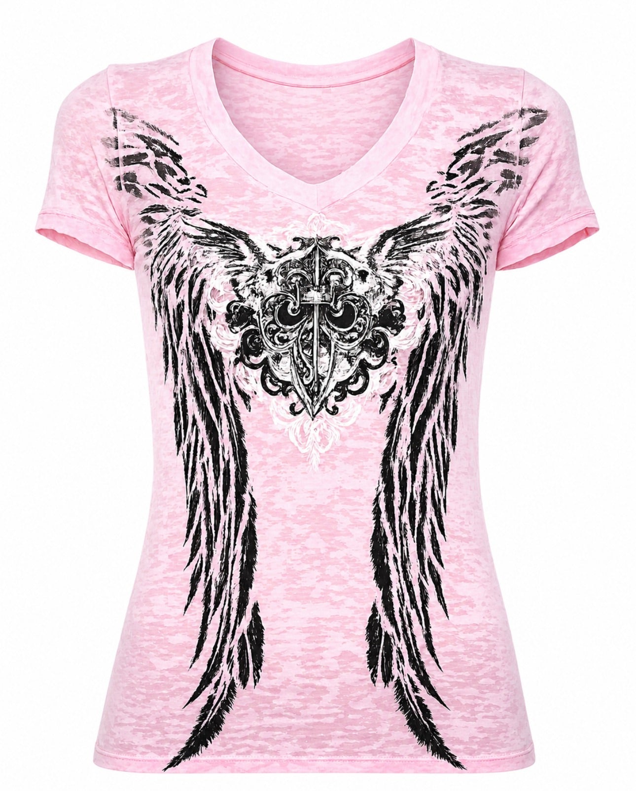 Pink Burnout Fleur De Lis Angel Wing Tee