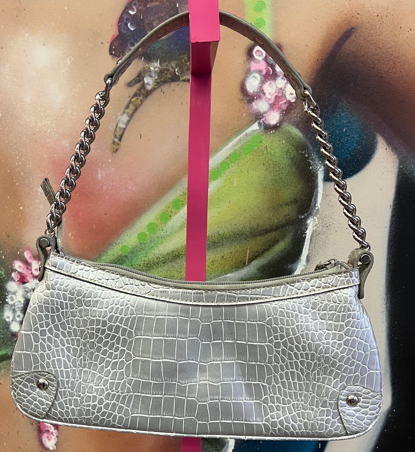 Vintage Y2K Nine West Croc Embossed Shoulder Bag Silver Gray Chain Purse