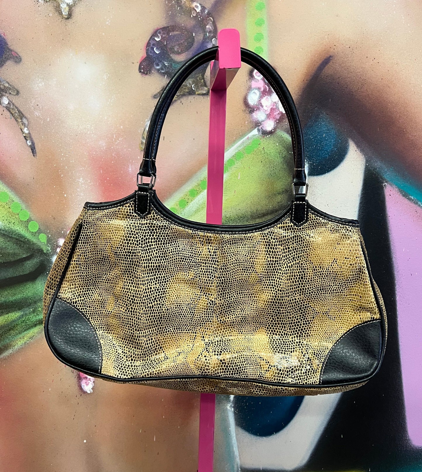 Vintage Y2K Snakeskin Print Shoulder Bag Tan & Black Handbag