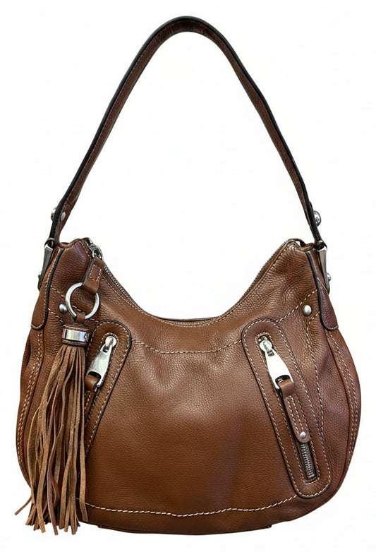 B. Makowsky Vintage Y2K Brown Leather Tassel Shoulder Bag Boho Glam Purse