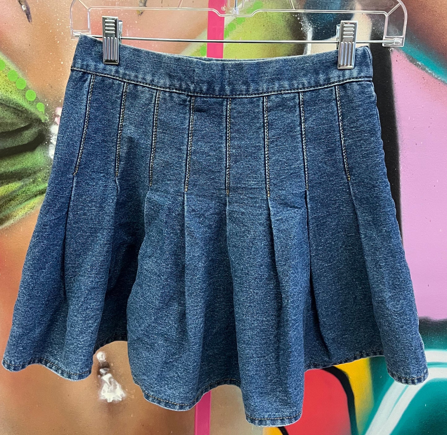 Vintage Y2K Pleated Denim Mini Skirt Low Rise Early 2000s Size XS