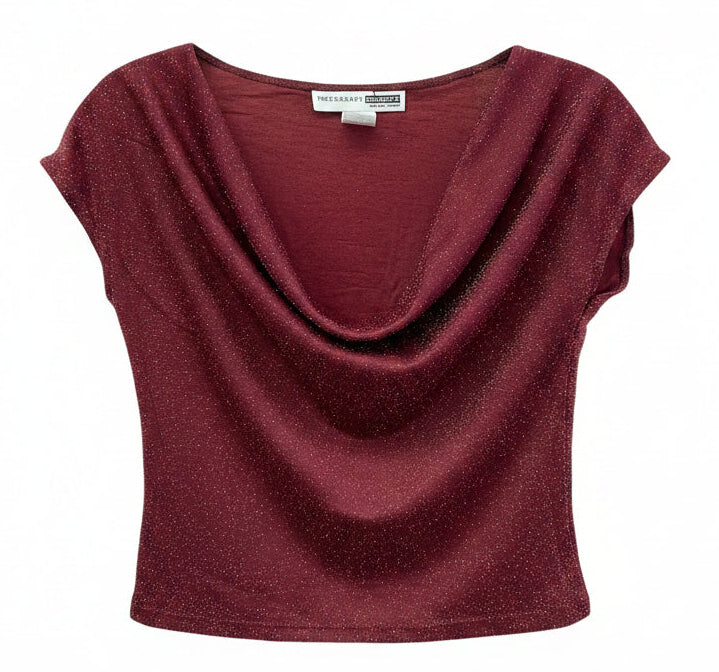Vintage Y2K Metallic Cowl Neck Top Burgundy Shimmer  Size L
