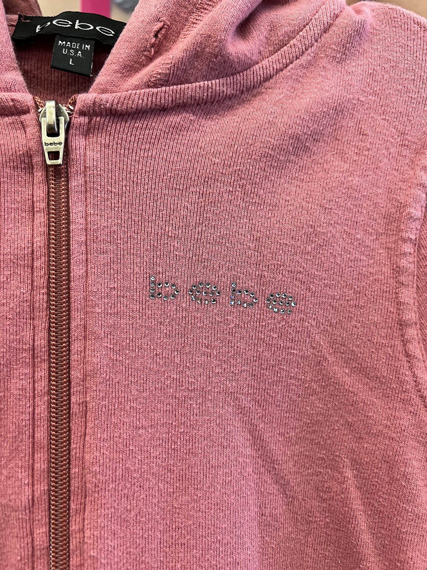 Vintage Y2K Bebe Pink Zip Up Hoodie Rhinestone Logo USA Made