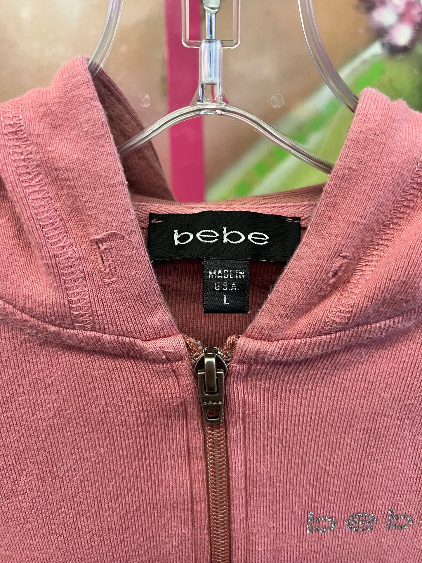 Vintage Y2K Bebe Pink Zip Up Hoodie Rhinestone Logo USA Made