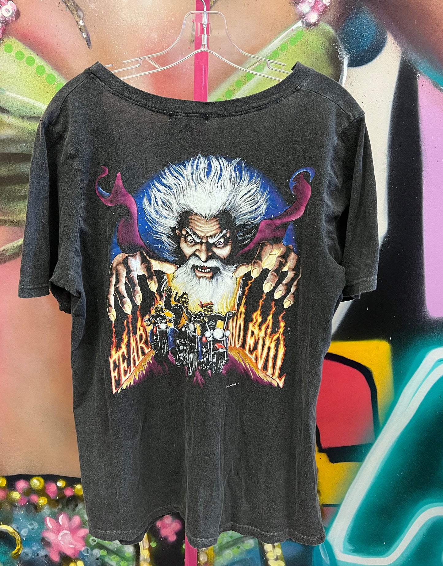 Vintage Fantasy Wizard Graphic Tee Black Distressed Biker Style T Shirt