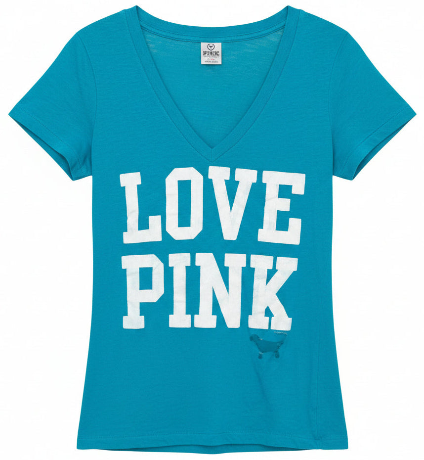 Victoria’s Secret PINK Love Pink Blue V Neck Tee Size M