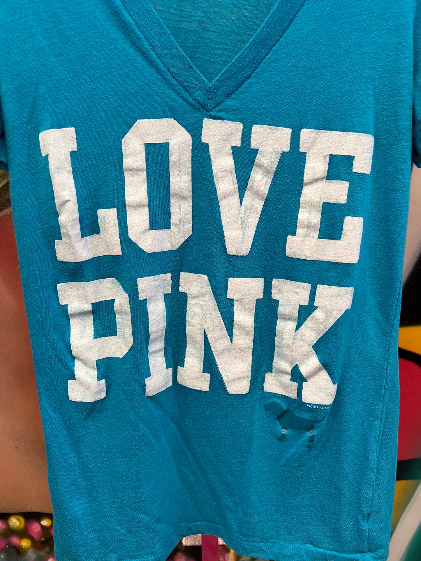 Victoria’s Secret PINK Love Pink Blue V Neck Tee Size M