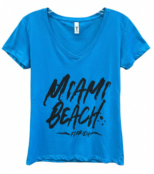 Miami Beach Florida Blue Graphic V Neck Tee Size Medium