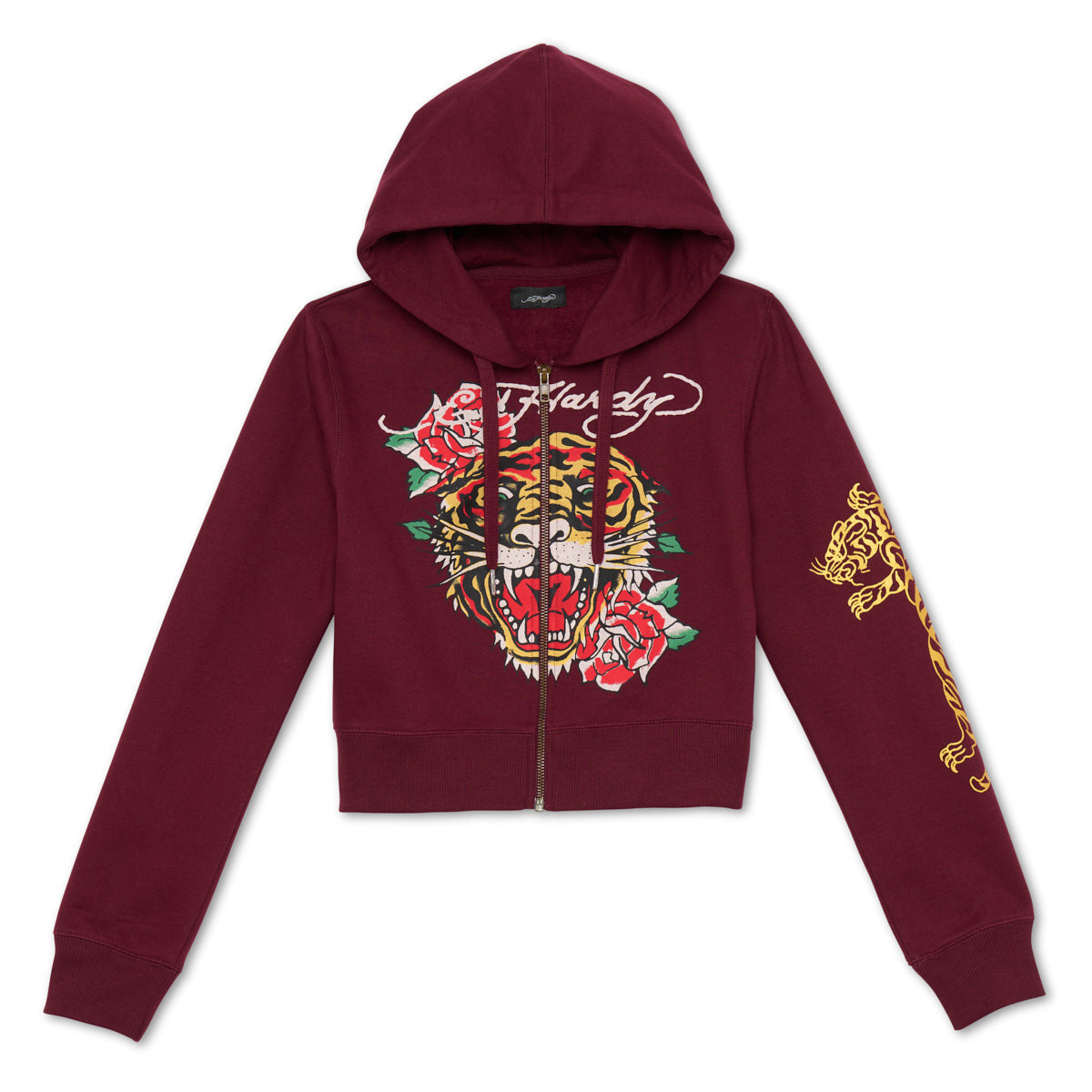 Ed Hardy Tiger Rose Cropped Zip Hoodie Burgundy Y2K McBling