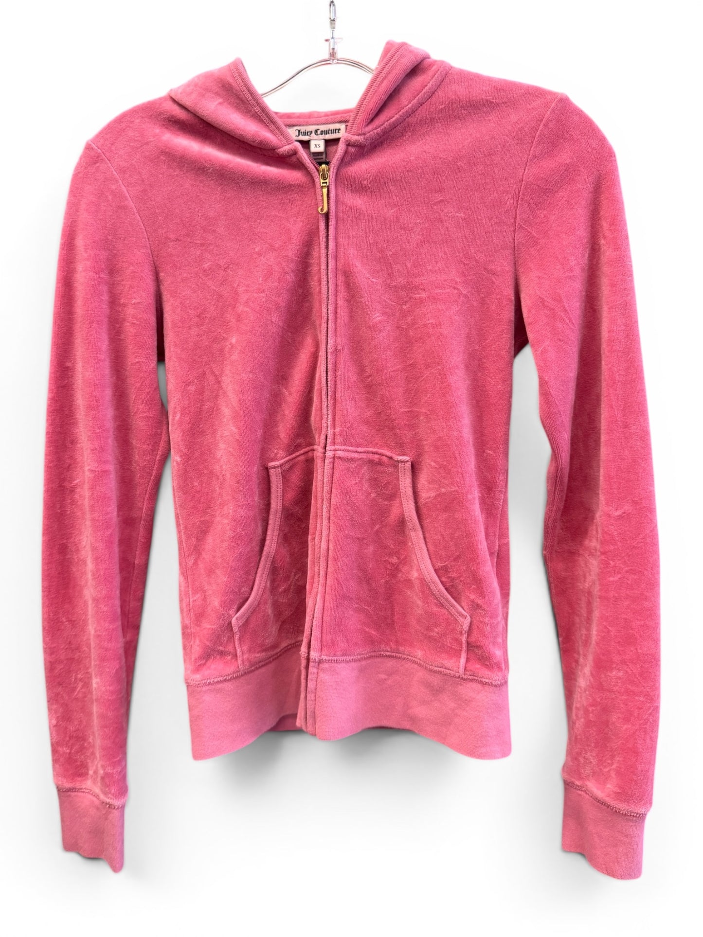 Vintage Juicy Couture Y2K Velour Zip Hoodie Pink Crest Logo Size XS (SKU010)