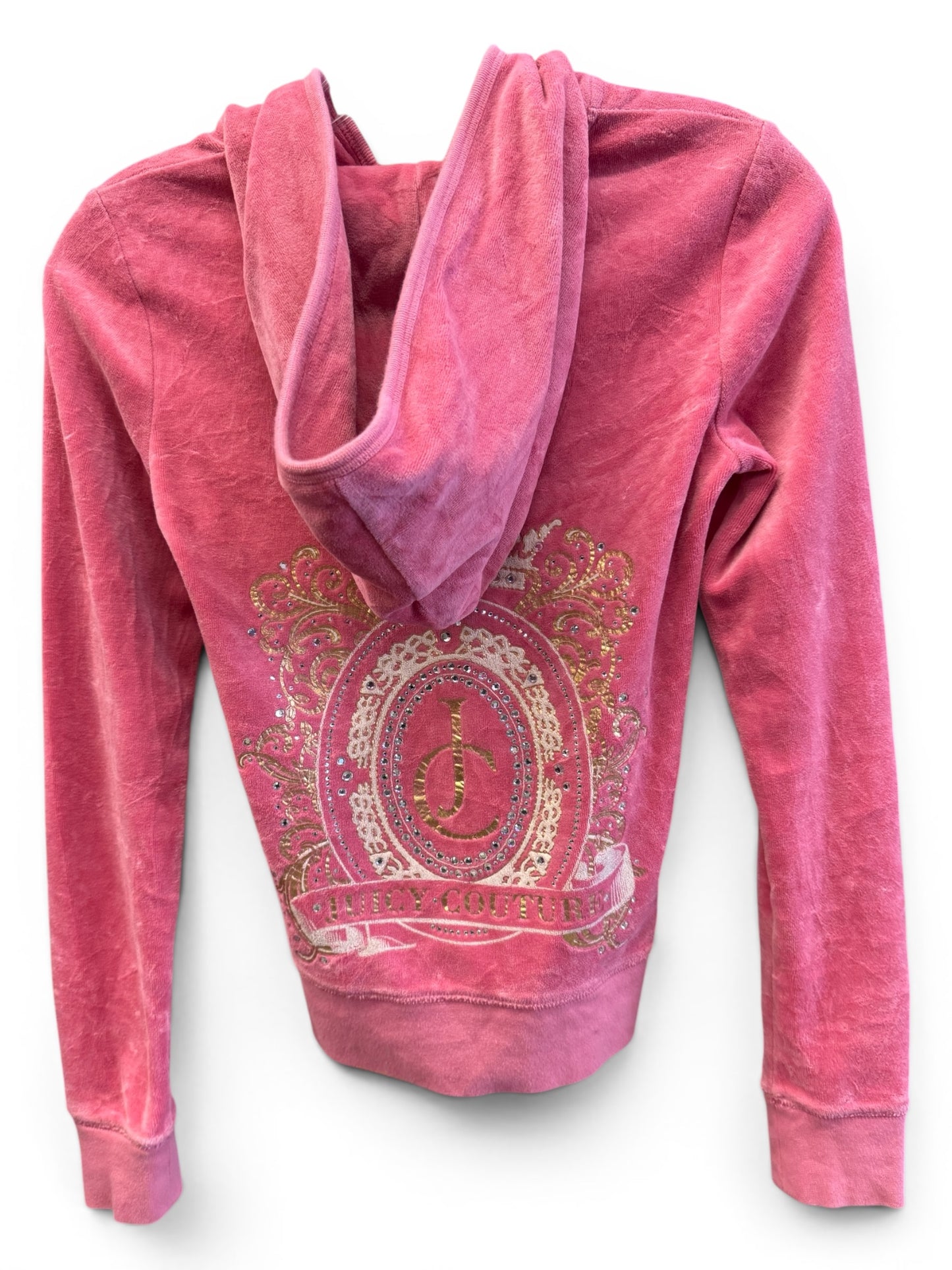 Vintage Juicy Couture Y2K Velour Zip Hoodie Pink Crest Logo Size XS (SKU010)