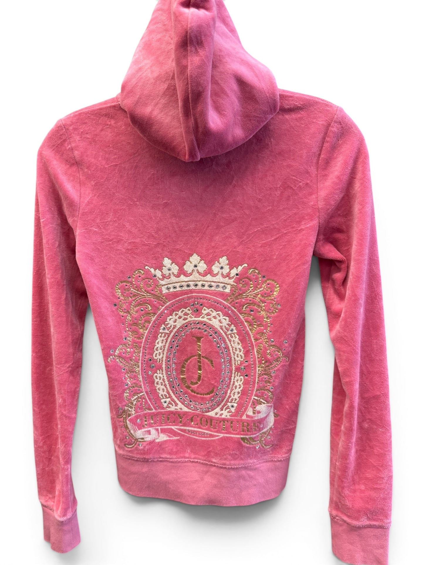 Vintage Juicy Couture Y2K Velour Zip Hoodie Pink Crest Logo Size XS (SKU010)